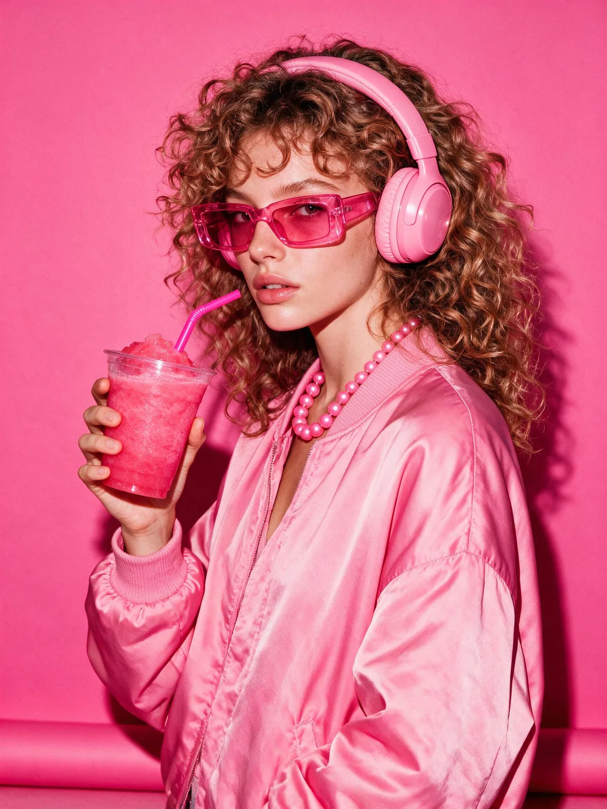 Hue campagnebeeld — roze koptelefoon, monochrome styling